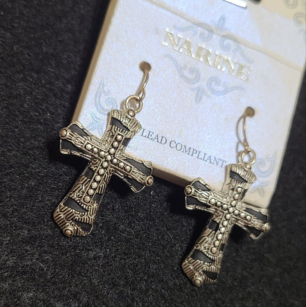 Silver Tone Cross Dangle Earrings - Picture 1 of 1